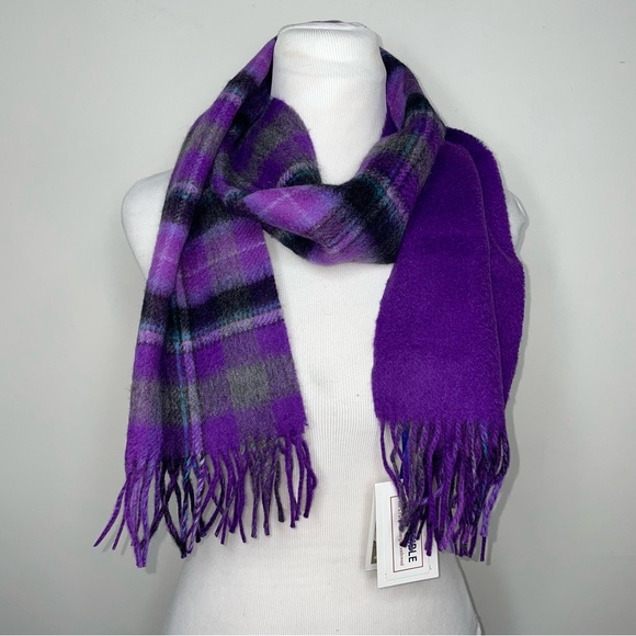 Edinburgh Accessories - EDINBURGH Lambswool Scarf  Purple Gray Plaid Reversible Fringe NWT